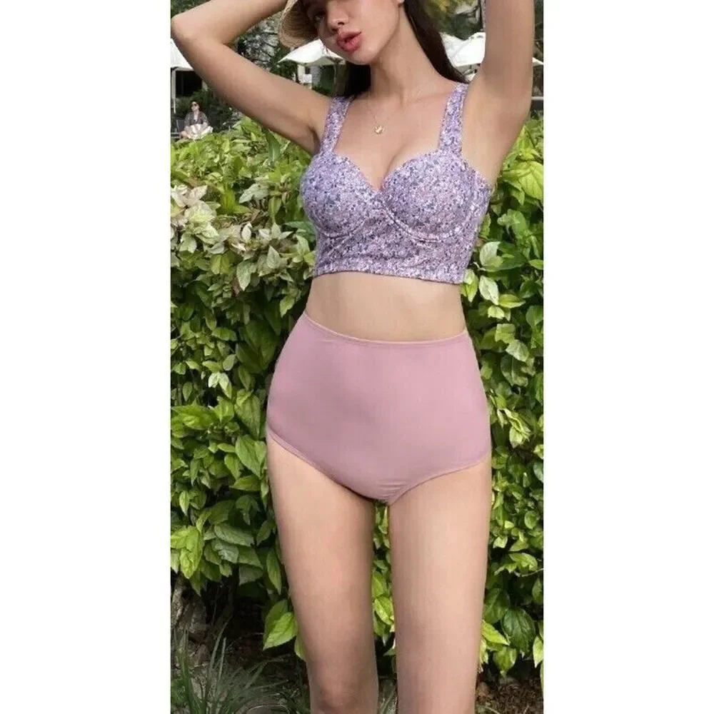 Los Angeles Boutique 2 Piece High Waisted Bikini Set Push Up Pink Floral L (M)
